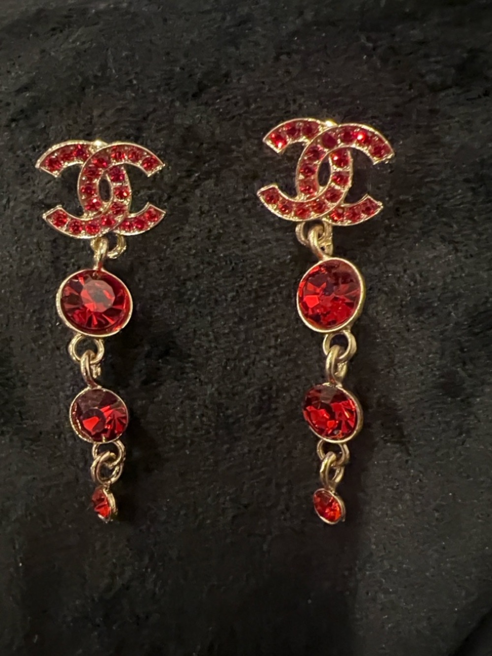 CHANEL Gold-Tone Red Crystal Drop CC Earrings